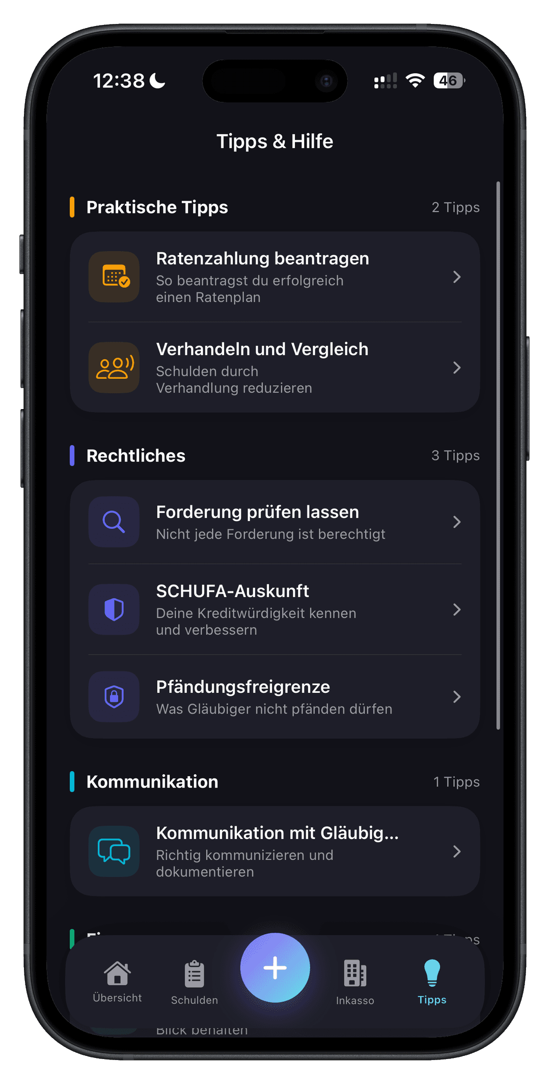 Tipps-Bereich in Depty mit Hinweisen für Schuldner